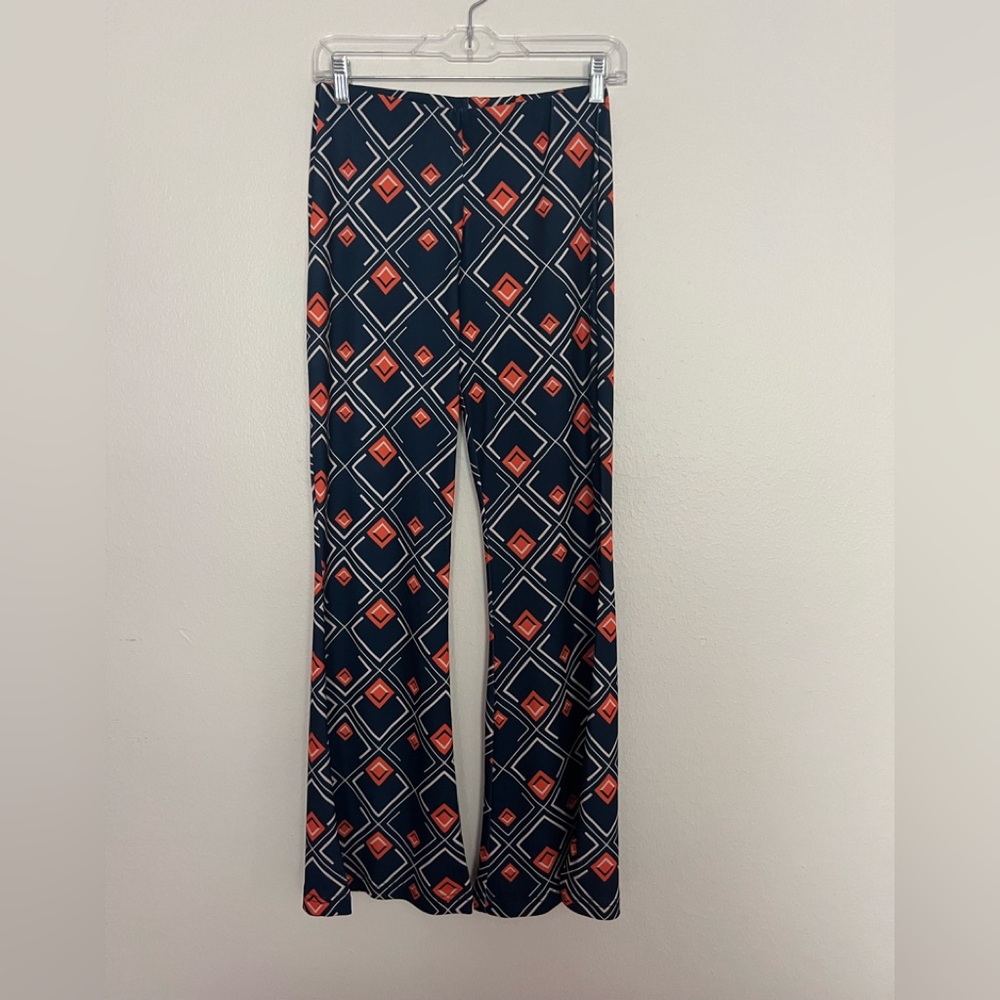 Zara Navy and Orange Patterned Flare Pants